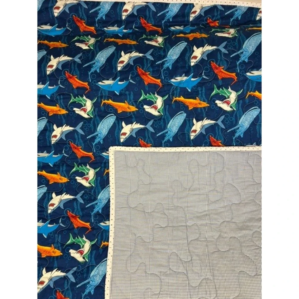 Handmade Shark Print Quilt Navy Blue Gingham Reverse 48x40 Nursery Throw